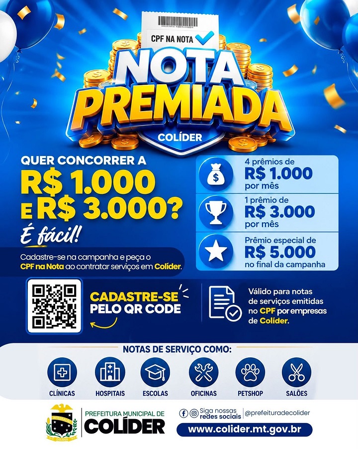 Nota Premiada Colíder incentiva cidadãos e distribui prêmios em dinheiro; saiba como concorrer de um a três mil