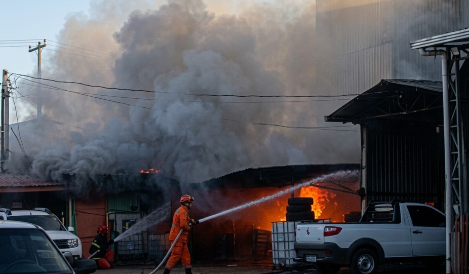 Incêndio destrói escritório e equipamentos em garagem de veículos